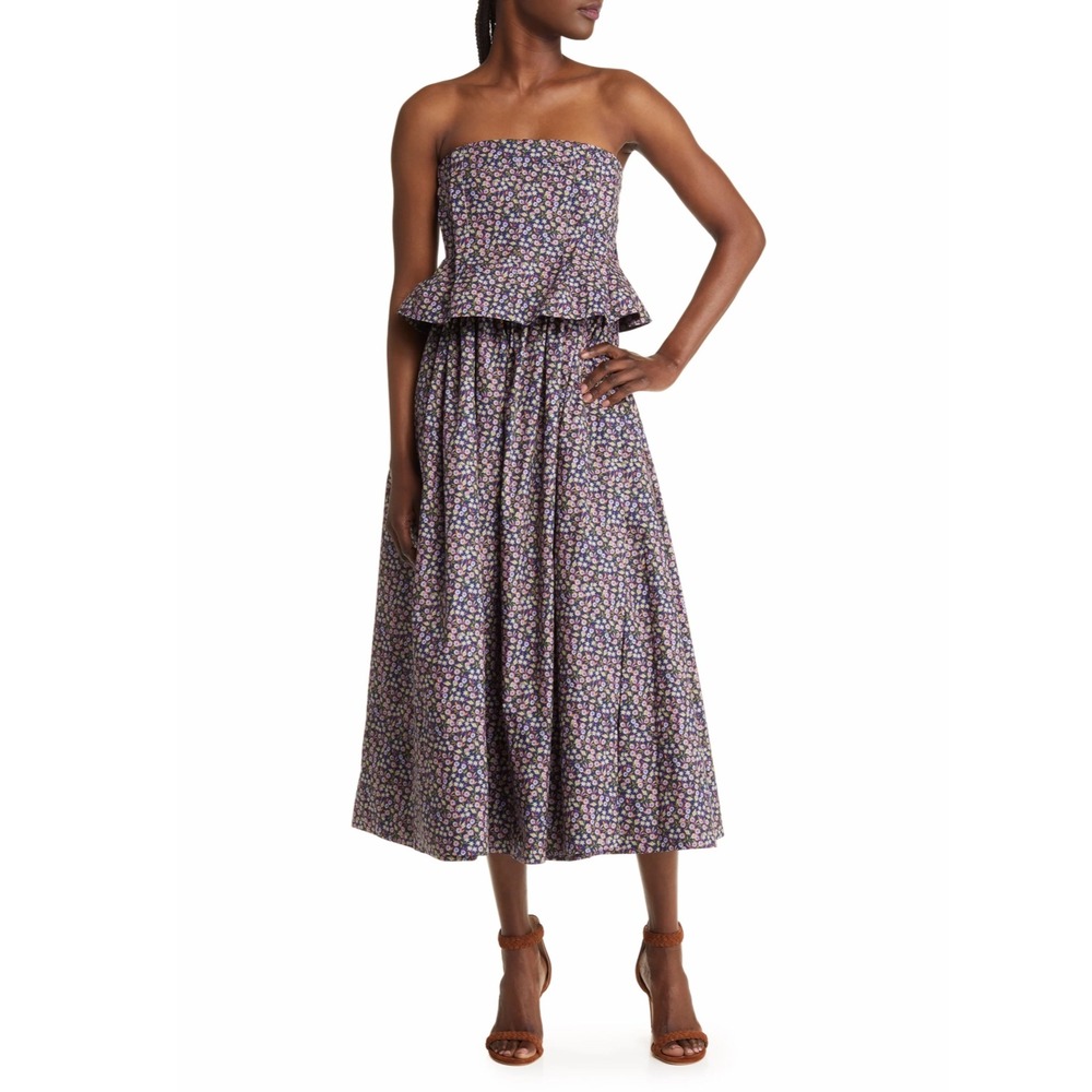 New! NACKIYÈ Floral Ditsy Pintuck Peplum Strapless Midi Dress Sz 38 US 6‎ $985